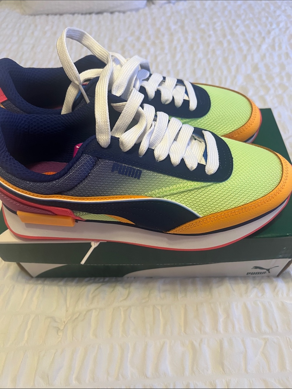 Puma Men’s Neon Green Navy Orange Accent Sneakers